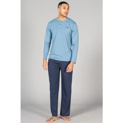 Image of Tokyo Laundry Mens Blue Cotton 2 Piece Long Sleeve Top And Jersey Bottoms Loungewear Set Size 2XL