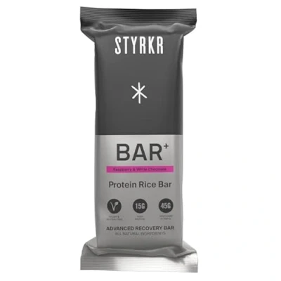Image of High Protein Energy Bars by Styrkr 15g of &amp; 45g Carbs Pack 12 Rice Raspberry White Chocolate Flavour Approved Endurance Athletes for Cycling Running BAR+ 12x