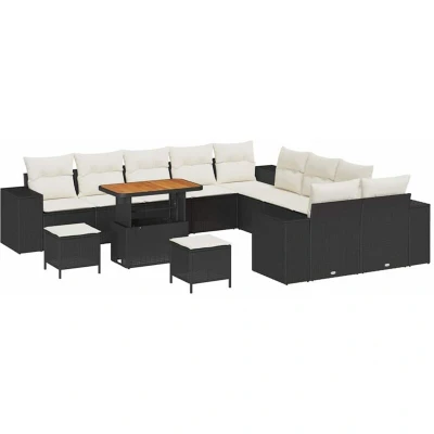 Image of vidaXL 13 Piece Garden Sofa Set with Cushions Black Poly Rattan Acacia