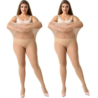 Image of MANZI Women&#039;s 2 Pairs Plus Size Control Top Ultra Soft Tights(Tan,XXXXL)