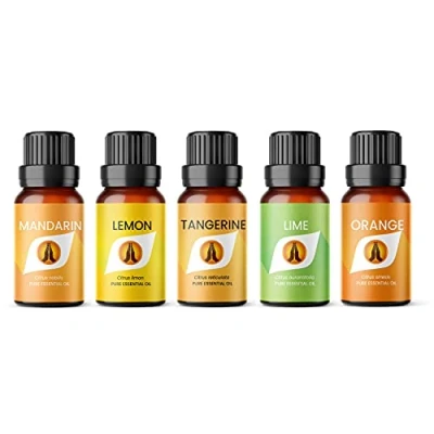 Image of Citrus Essential Oil Set Lemon, Lime, Orange, Tangerine &amp; Mandarin 5 x 10ml for Aromatherapy Diffusers, Home Gift, Candle Making, Soaps, Slime, Perfume