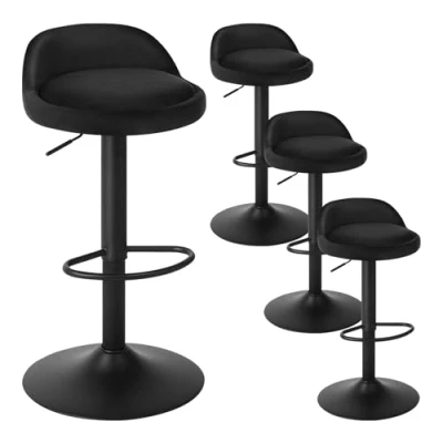 Image of EUGAD Bar Stools Set of 4 Black Velvet Swivel Chairs Breakfast Dining Height Adjustable Barstools, Footrest, Seat 62 83cm 0824BY UK