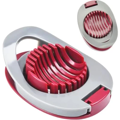 Image of Plastic Egg Slicer with Stainless Steel,Boiled Cutter,Egg Separator,Wire Slicer, Multifunctional Cutter for Evenly Slicing Boiled Eggs Ham Banana and Strawberry,Red