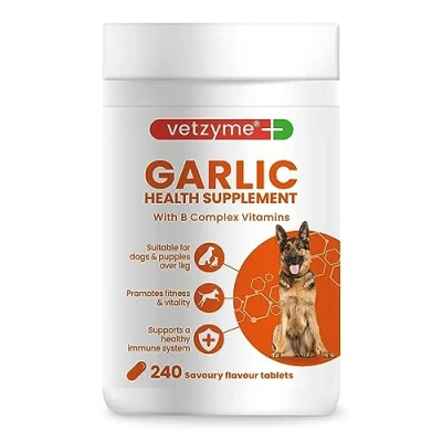 Image of Vetzyme Garlic Health Supplement for Dogs (240 Tablets) With B Complex Vitamins to Promote Fitness and Support a Healthy Immune System