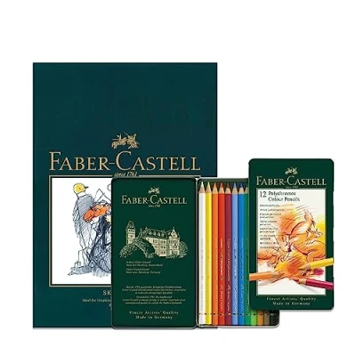 Image of Faber Castell A4 Sketch Pad &amp; Tin Of 12 Polychromos Artists Colouring Pencils Art Set For Adult Books, Craft Supplies, Drawing, Sketching, Lightfast Pencils, Schools, Home, College…