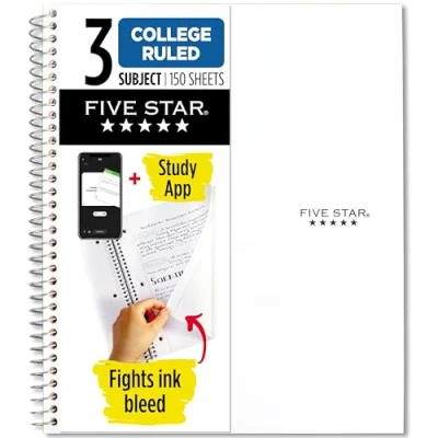 Image of Five Star Spiral Notebook + Study App, 3 Subject, College Ruled Paper, Fights Ink Bleed, Water Resistant Cover, 8 1/2&quot; x 11&quot;, 150 Sheets, White (72464)
