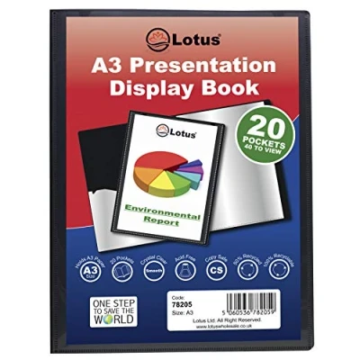 Image of Lotus A3 Display Book 20 Pockets Black Presentation Folder Folio for Professionals, Students, Business Projects Ideal School, College, Office Organization &amp; Document Storage 78205 (1 Book)