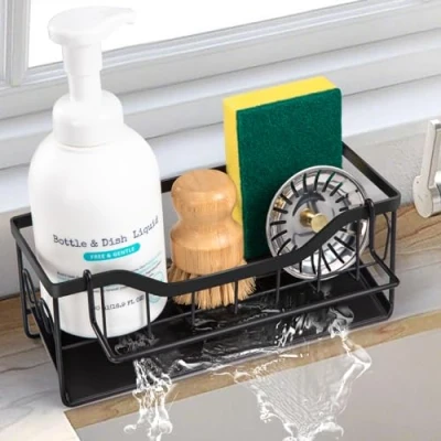 Image of Sinnsally Kitchen Sink Caddy Organiser,Sink Tidy Organizer,Sink Storage Rack with Self Draining Tray,Dishcloth Hanger,Washing up Utensil Caddy,Soap and Sponge Holder for Kitchen,Black