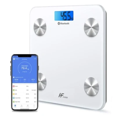 Image of HF 19x Body Composition Indices 28x28cm Platform Smart Scale Bathroom Scales for Weight Fat Monitor, BMI Muscle Mass Bone iOS Android App Bluetooth Wireless (White with Blue Backlit Display)