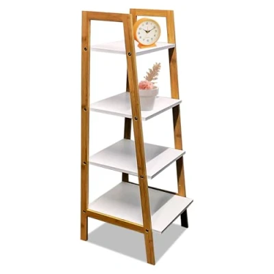 Image of VR7 3/4 tier wooden ladder shelves rack bookcase flower plant display unit storage with white for living room bedroom (wooden shelves, 4 tier)