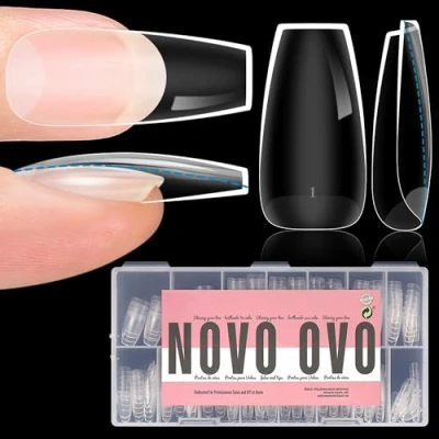 Image of NOVO OVO Extra Thick Coffin Nail Tips Press on Natural Curve, Medium Soak Off Soft Gel Fake Extension, Full Cover Matte Cuticle False Nails for Acrylic French, Salon DIY x 14 Sizes 336 pcs