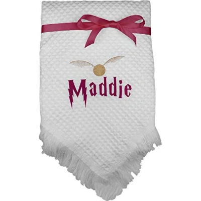 Image of Personalised Magical Wizard Shawl Blanket with Name Embroidery (Burgundy &amp; Gold)