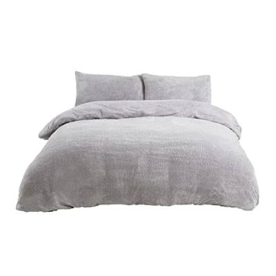 Image of Sleepdown Teddy Fleece Duvet Cover Quilt Bedding Set with Pillow Case Thermal Warm Cosy Super Soft Single Grey