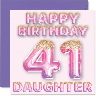 Image of 41st Birthday Card for Daughter Pink &amp; Purple Glitter Balloons Happy Cards 41 Year Old from Mum Dad Parents, 145mm x Bday Greeting Gift