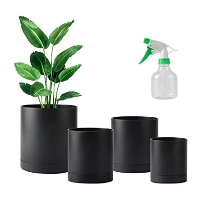 Image of PETAFLOP Plastic Plant Pots, 4 Pack 4/5/6/7 Inch Flower Pot with Drainage Hole &amp; Saucers, Small Garden Planters for Indoor Outdoor Plants, Black (+Mini Sprayer)