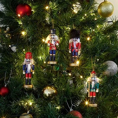 Image of Marco Paul Christmas Set of 4 Nutcracker Pendants Tree Decoration Hanging Festive Décor Traditional Wooden Hand Painted Novelty Ornament Indoor Xmas Baubles
