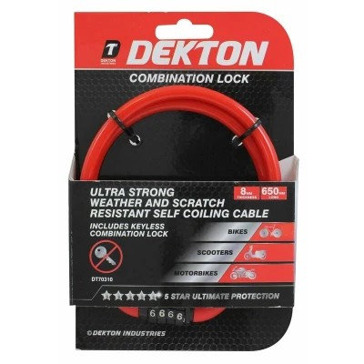 Image of DEKTON DT70310 Combination Bike Lock, Black/Red, 8 mm x 650