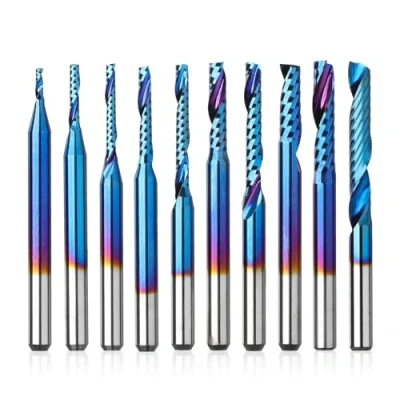 Image of Genmitsu 1/8 Inch Shank 10pcs Carbide Spiral O Flute (Single Flute) End Mill CNC Router Bits, Solid Nano Blue Coat, for Woodworking Cutting Carving Wood Acrylic PVC PCB MDF, OS10A