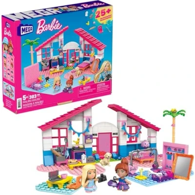 Image of Barbie ​​MEGA Malibu House Building set with 303 bricks and special pieces, accessories 2 micro dolls, toy gift for ages 5 up ​