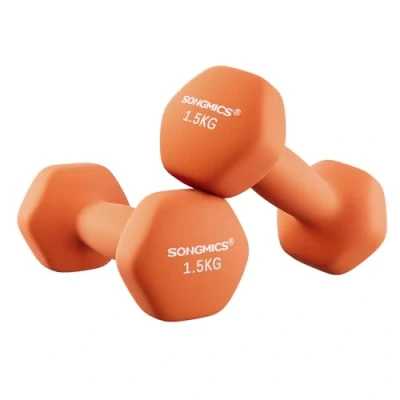 Image of SONGMICS Set of 2 Dumbbells, x 1.5 kg Hand Weights with Neoprene Coating, Hexagonal Dumbbells Pair, Home Workout, Fitness Training Exercise, Orange SYL63OG