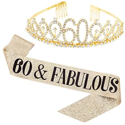 Image of Leixi 60 and Fabulous Sash &amp; Rhinestone Tiara Kit 60th Birthday Gifts Party Favors, Supplies Decorations (Gold)
