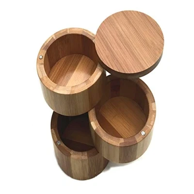Image of Chiloskit Round Bamboo Jar, Salt and Spices Storage Container,with Magnetic Swivel Lid 7x9cm (3 Tier)