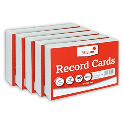 Image of Silvine Record Card Bulk Pack of 500 5 x 100 6x4 White Lined with Headline Cards Size Medium 152 102mm A6