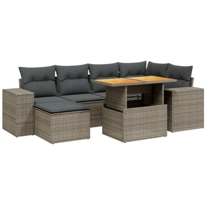 Image of vidaXL 7 Piece Garden Sofa Set with Cushions Grey Poly Rattan