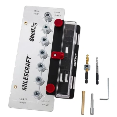 Image of Milescraft 1343 Shelf Jig Create ¼ in. and 5mm Pin Holes for Cabinets. Standard 32mm Spacing. Includes Two Drill Bits