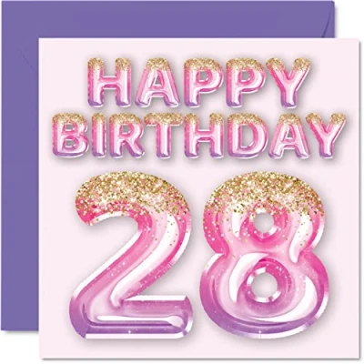 Image of 28th Birthday Card for Women Pink &amp; Purple Glitter Balloons Happy Cards 28 Year Old Woman Daughter Sister Auntie Cousin, 145mm x Twenty Eight Eighth Greeting Gift