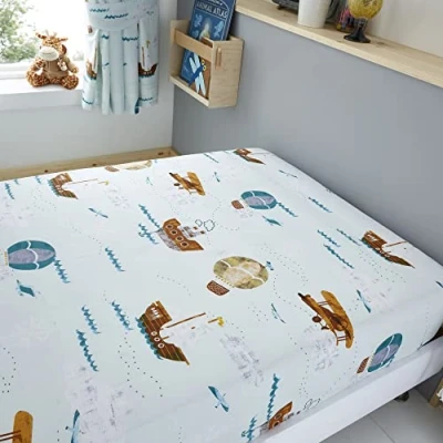 Image of Happy Linen Company Girls Boys Kids World Explorer Blue Double Fitted Sheet