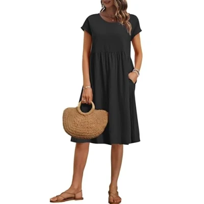 Image of AUSELILY Women&#039;s Summer Short Sleeve Knee Length Dresses Round Neck Loose Dress with Pockets Black XL