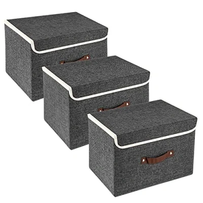 Image of TYEERS Collapsible Storage Box with Lid, Fabric for Clothes, Wardrobe Storage, 38x25x25 cm, Set of 3, Black