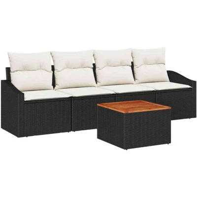 Image of vidaXL 5 Piece Garden Sofa Set with Cushions Black Poly Rattan Acacia