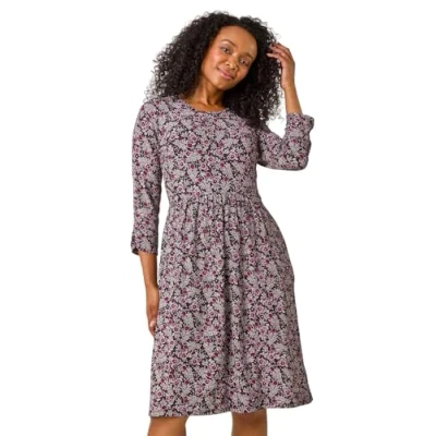 Image of Roman Originals Midi Dress with Pockets for Women UK Ladies Stretchy Jersey Maxi Long 3/4 Length Sleeve Gathered High Waist Boho Flattering Skater Swing Fit Flare Petite Purple Size 16