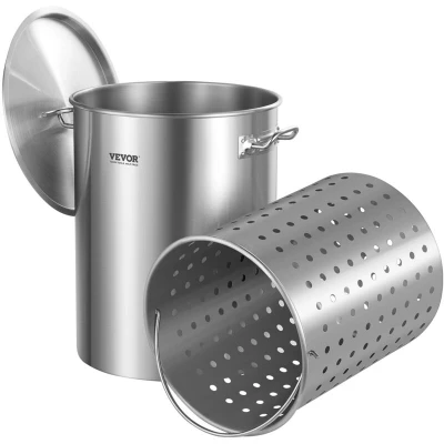 Image of VEVOR Stainless Steel Stockpot, 36 Quart Cooking Pots, Cookware Sauce Pot with Basket, Lid, and Handle, Heavy Duty Commercial Grade Stock Pot, Sanding Treatment, for Steaming Boiling or Frying Silver