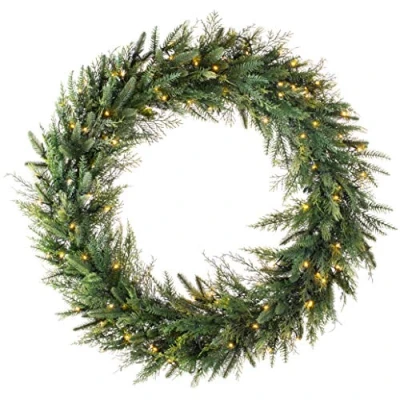 Image of WeRChristmas Pre Lit Natural Fir Christmas Wreath Decoration, 100 Warm White LEDs, Green, 1 m
