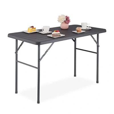 Image of Relaxdays Garden, Wood Look, Angular, HxWxD: 74 x 118 60 cm, Plastic, Metal, Folding Patio Table, Grey, 50% Steel