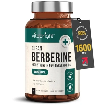 Image of Berberine HCL, 100% Natural &amp; 98% Pure, High Strength 1500mg x3 a Day/Berberine 1000mg x2 500mg x1 Day, 90 Capsules, VitaBright Clean Supplement UK