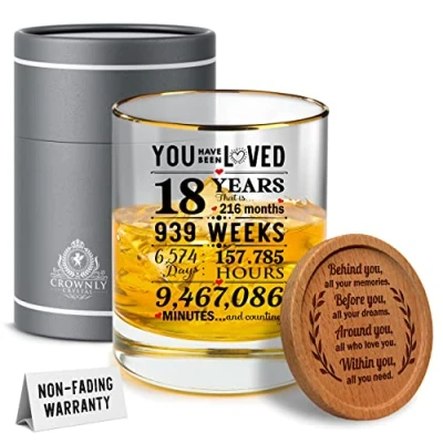 Image of CROWNLY CRYSTAL® 18th Birthday Gifts for Boys and Girls Personalised Whiskey Glass Decorations Mens 18 Year Old Decoration Whisky Glasses