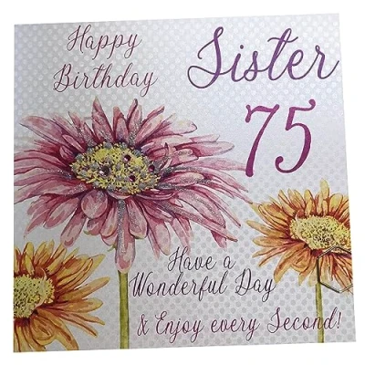 Image of white cotton cards &quot;Pink Gerbera, Happy Birthday 75 Sister Have a Wonderful Day Handmade 75th Card, White, wba75 S
