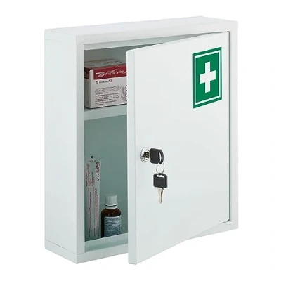 Image of Relaxdays Medicine Cabinet, Lockable, for Medication, HxWxD 36 x 31.5 10 cm, Wall Mount, First Aid, Metal, White/Green, Steel