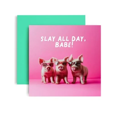 Image of Huxters Funny Birthday Card for Her Women Cute Pigs Slay All Day Babe Gift Mum Friend Bestie Daughter Auntie Sister Niece 14.8cm (Slay Babe)