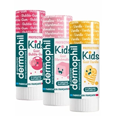 Image of Dermophil Pack of 3 Dermokids Lip Balms Vanilla, Marshmallow, Bubble Gum 4 g Sticks