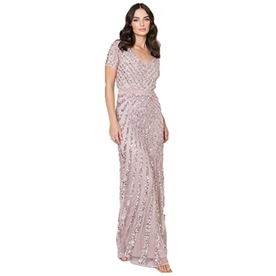Image of Maya Deluxe Women&#039;s Maxi Ladies Embellished Sequin Dress Long Short Sleeve V Neck High Empire Waist A Cut Shiny Prom Wedding Bridesmaid, Frosted Pink, 24