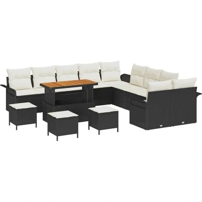 Image of vidaXL 14 Piece Garden Sofa Set with Cushions Black Poly Rattan Acacia