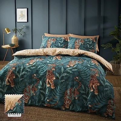 Image of Catherine Lansfield Tropic Tiger Leaf Reversible Single Duvet Cover Set with Pillowcase Green