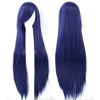 Image of Fouriding 32&quot; Dark Blue Women&#039;s Long Straight Full Wigs Costume Synthetic Hair Hairpieces with Oblique Bangs for Halloween Anime Cosplay Party Girl Women +Wig Cap