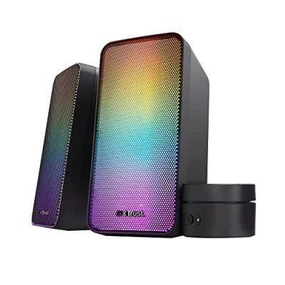 Image of Trust Gaming GXT 611 Wezz PC Speakers 2.0 with RGB Lighting, 12W (6W RMS), LED Lights, Volume Control, AUX and USB Cable, Stereo Computer for Setup, Desktop, Laptop Black