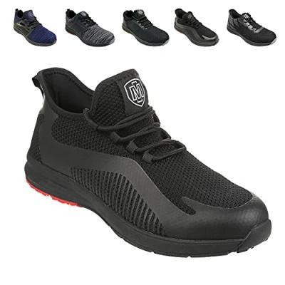 Image of Iron Mountain Men&#039;s Work and Utility Safety Shoes With Steel Toe Cap Protective Midsole Workwear Trainers S1P SRC, Black/Red Sole, UK 12 / EU 46